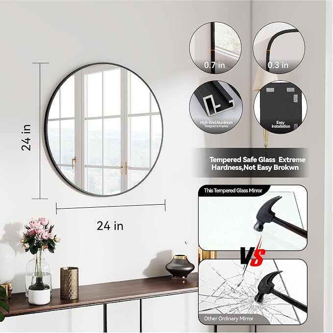 SCWF-GZ 24" Round Mirror Circle Wall Mounted Hanging or Against Wall Aluminum - Image 3