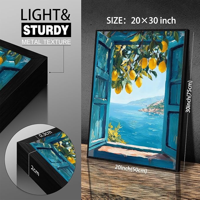 Black Framed Canvas Wall Art Posters Mediterranean Window View Coastal Lemon - Image 2