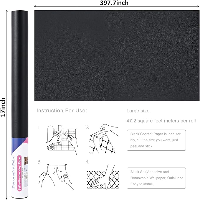Arthome Black Peel & Stick Wallpaper, Matte Black Contact Paper, Self-Adhesive - Image 3
