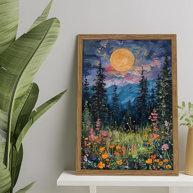 Framed Nature Forest Canvas Wall Art, Full Moon above Wildflowers and Woodland - Image 6