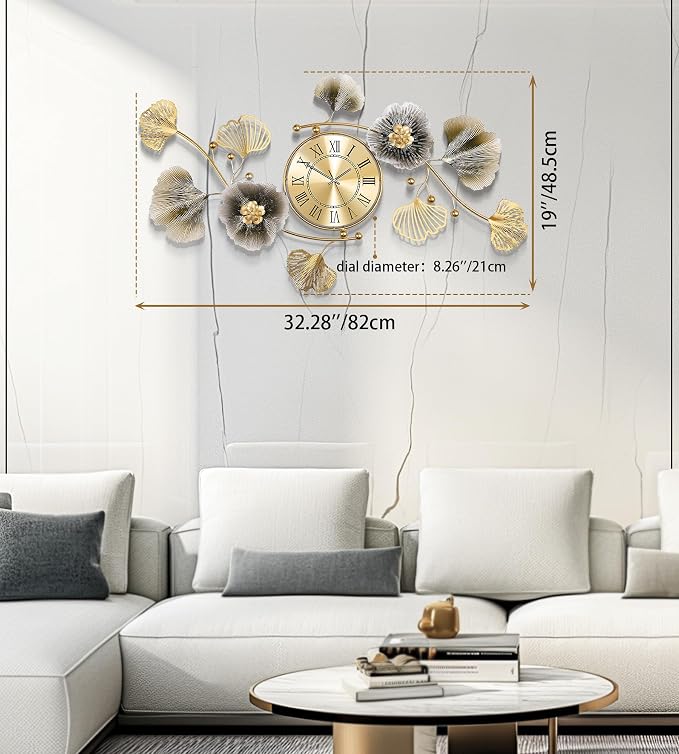 Wall Clocks for Living Room Decor, Large Wall Clock, 3D Creative Metal Ginkgo - Image 3
