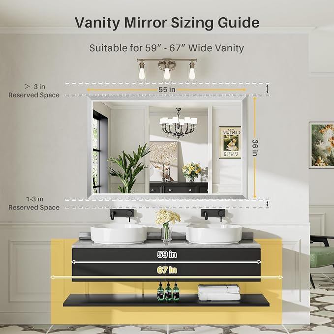 55x36 Inch Brushed Silver Bathroom Mirror - Image 2