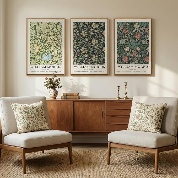 Large Framed William Morris Green Wall Art Set of 3, Vintage Floral Canvas - Image 3