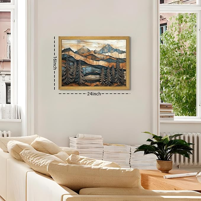 Vintage Boho Mountain Wall Art, Framed Landscape Canvas Wall Art, Nature Forest - Image 5