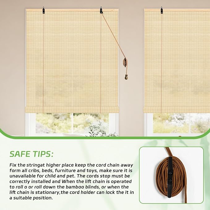 Bamboo Roll Up Shades for Windows 32Wx72L, Light Filtering Hanging Window Blinds - Image 5