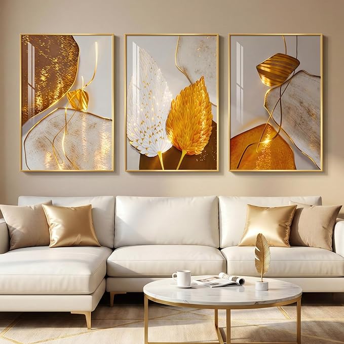 Framed Modern Luxury Wall Art for Living Room, Large White and Gold Leaf by Cuspin