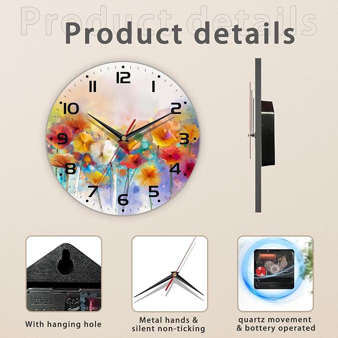 Clock for Living Room, Vintage Wild Floral Wall Clock Vintage Wooden Wall Clock - Image 3
