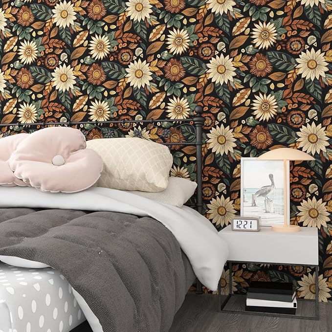 Boho Wallpaper Peel and Stick, Vintage Black Brown/Green Floral Contact Paper - Image 4