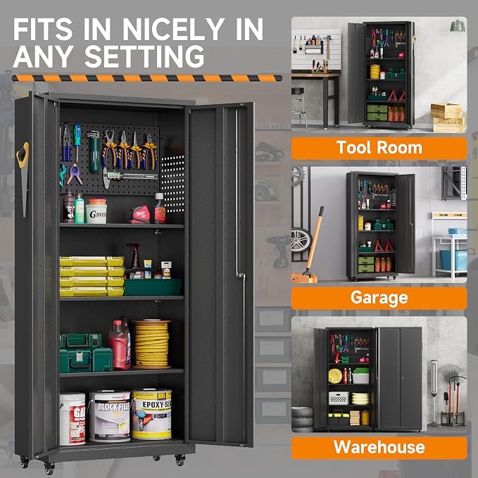 Garage Storage Cabinet with Wheels, Metal Storage Cabinet with 2 Doors and - Image 8