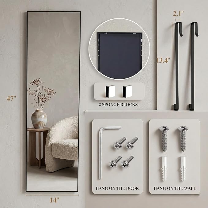 Simple Deluxe 47x14 Full Length Mirror Over The Door, Wall Mounted Full Body - Image 2