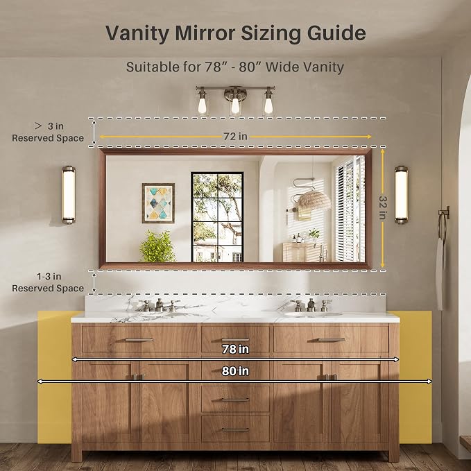 72x32 Inch Bathroom Mirror for Wall, Anti-Rust Walnut Wood Grain Metal Framed - Image 2