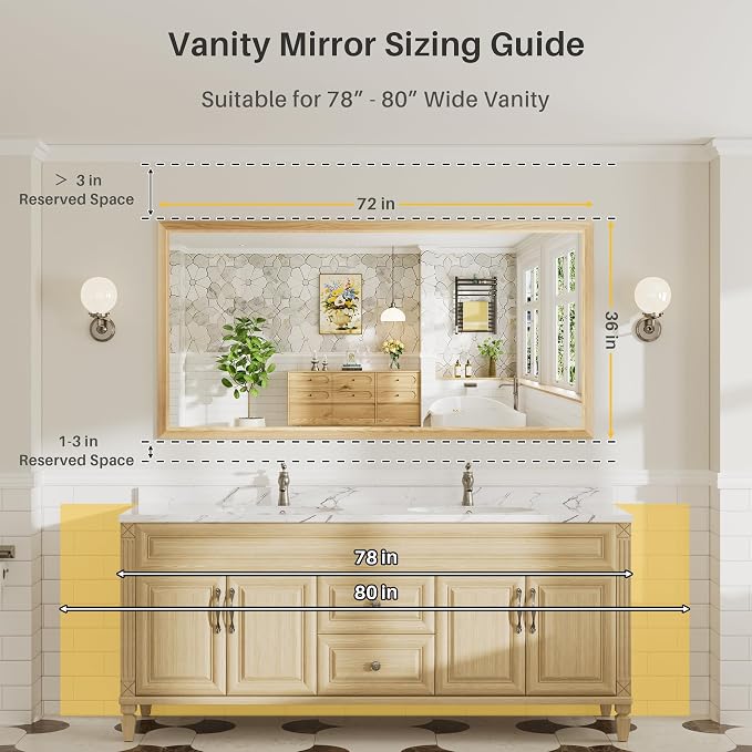 72x36 Inch Bathroom Mirror for Wall, Anti-Rust Oak Wood Grain Metal Framed - Image 2
