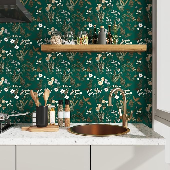 Laatse Dark Floral Wallpaper Peel and Stick 17.5in x393in Vintage Green Gold - Image 2