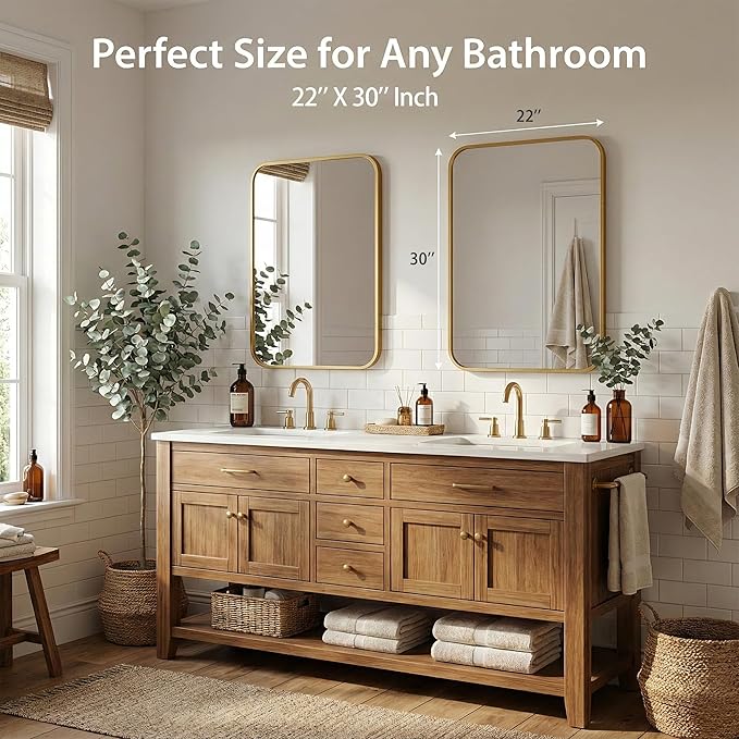 2-Pack 22x30 Inch Matte Gold Bathroom Vanity Mirrors | Flush Mount Deep Set - Image 2