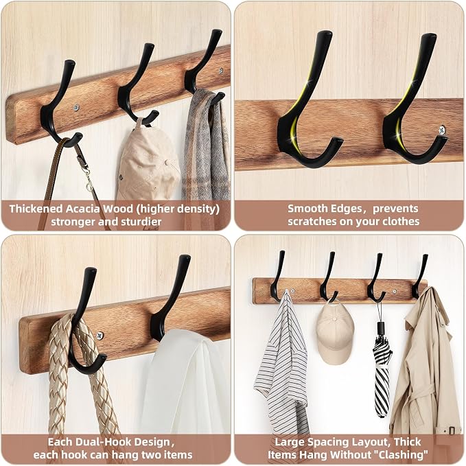 Yangbaga Coat Rack Wall Mount, Acacia Wood Coat Hooks Wall Mount, Hat Rack Wall - Image 3