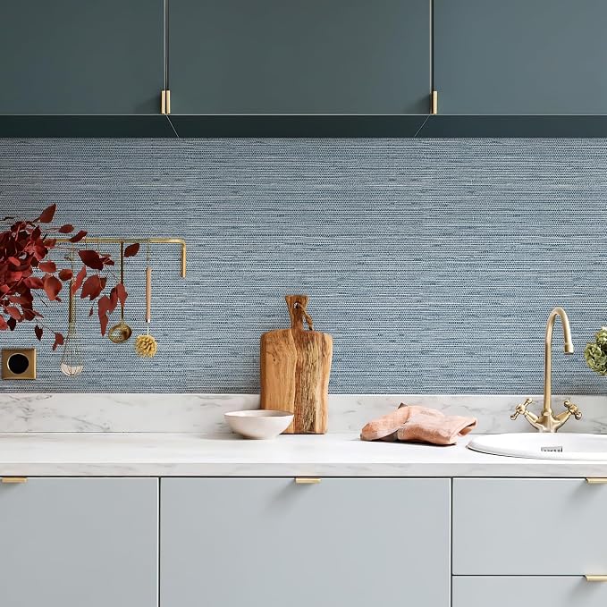 Simon&Siff Grey Blue Textured Grasscloth Peel and Stick Wallpaper 17.7"x394" - Image 6