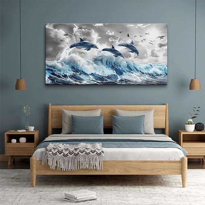 Wapluam Large Wall Art For Bedroom Blue Waves Of The Sea Wall Pictures Artwork - Image 5
