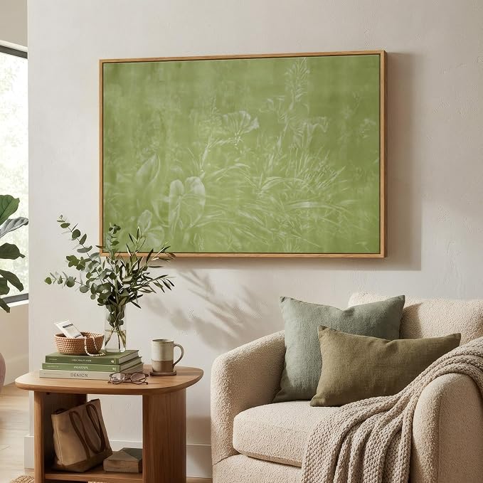 Framed Green Abstract Botanical Wall Art, Modern Minimalist Sage Green Canvas - Image 4