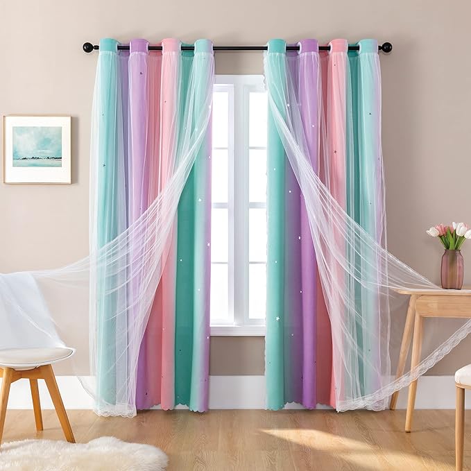 XiDi Pink Green Curtains 108 Inches Long, Unicorn Wall Decals by Addsomecolortolife
