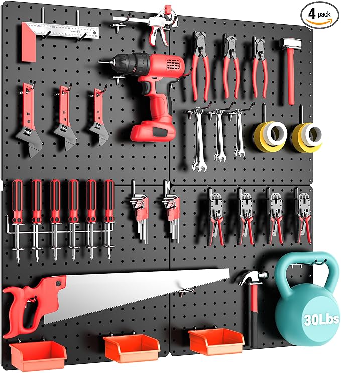 Peg Board, Total 32” x 32”, 4 Pack Black Peg Board Panels, 50lbs Load Capacity by Hogurity