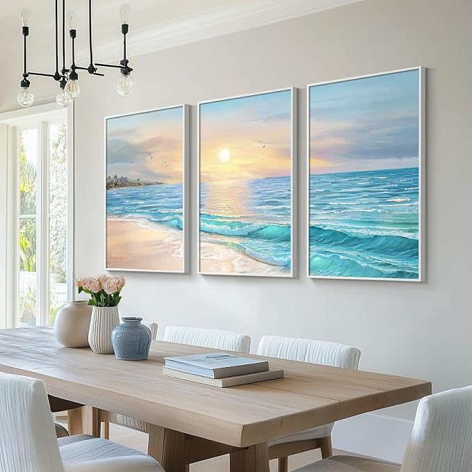 Framed Coastal Beach Wall Art for Living Room, Large 3 Piece Blue Ocean Canvas - Image 3