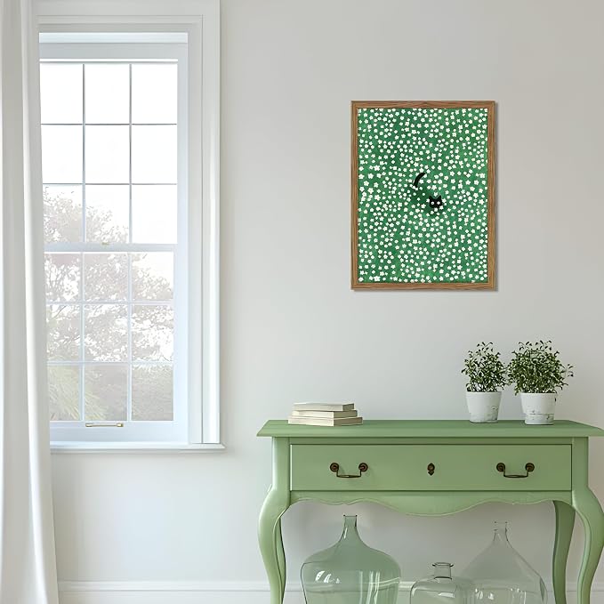 Framed Floral Black Cat Canvas Wall Art, Cute Black Cat in Daisy Field Painting - Image 6