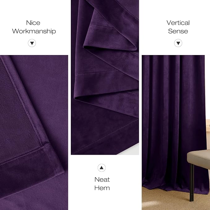 NICETOWN Purple Velvet Blackout Curtains 96 inches Long, Solid Heavy Matt Rod - Image 6