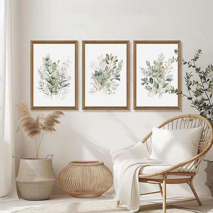 WRFON Framed Sage Green Botanical Wall Art Set of 3, Watercolor Eucalyptus & - Image 2