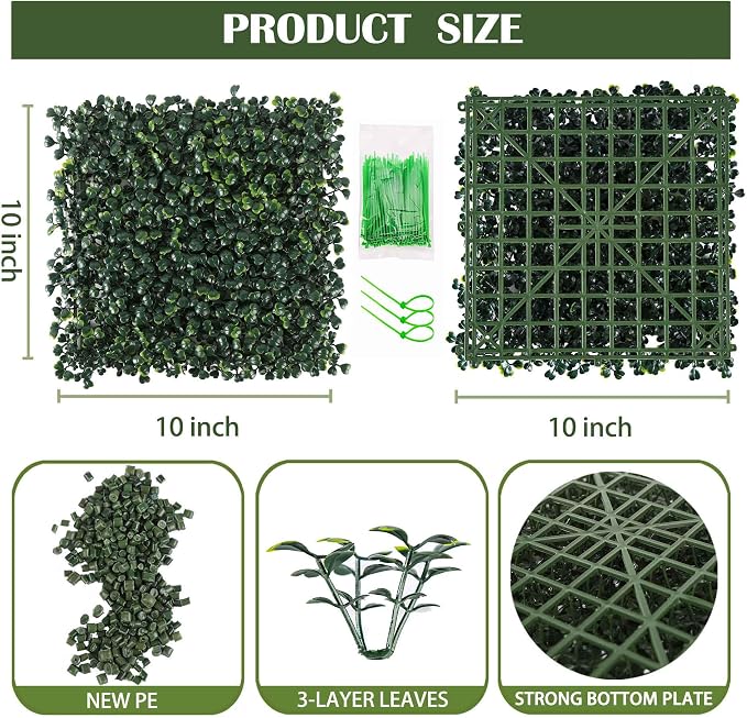 24PCS 10"x 10" Artificial Boxwood Wall Panels, UV-Anti Grass Wall Hedge Plant - Image 2