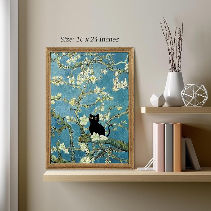 Fantasy Artists Van Gogh's Almond Blossom Funny Black Cat Canvas Wall Art - Image 2
