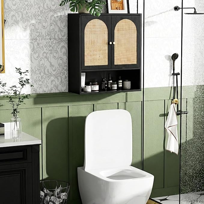 VINGLI Black Rattan Medicine Cabinet Wall Mounted, Arched Modern Farmhouse - Image 3