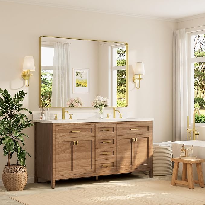 TETOTE 60 x 40 Inch Brushed Gold Frame Mirror, Brass Bathroom Vanity Mirror - Image 2
