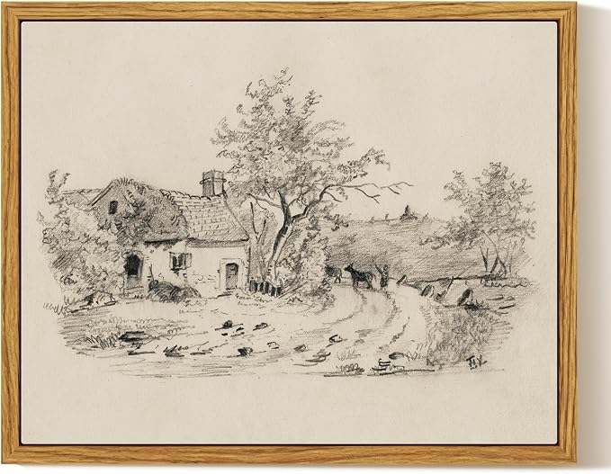 InSimSea Framed Canvas Wall Art, Vintage Sketch Landscape Painting, Rustic by InSimSeaArt