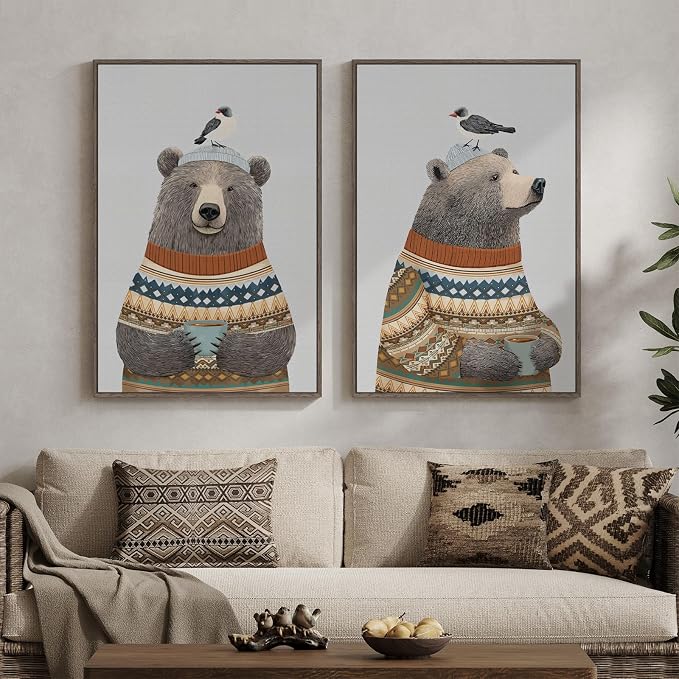 Framed Boho Animal Wall art for Nursery Decor, 2 Piece Rustic Bird Bear Canvas by Cuspin