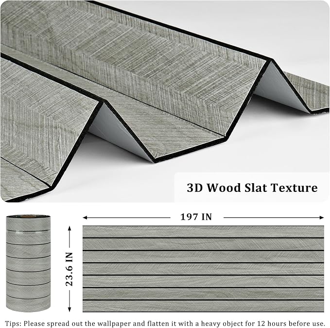 Grey Wood Grain Slat Panels for Interior Wall Decor 197"x23.6" Peel and Stick - Image 6