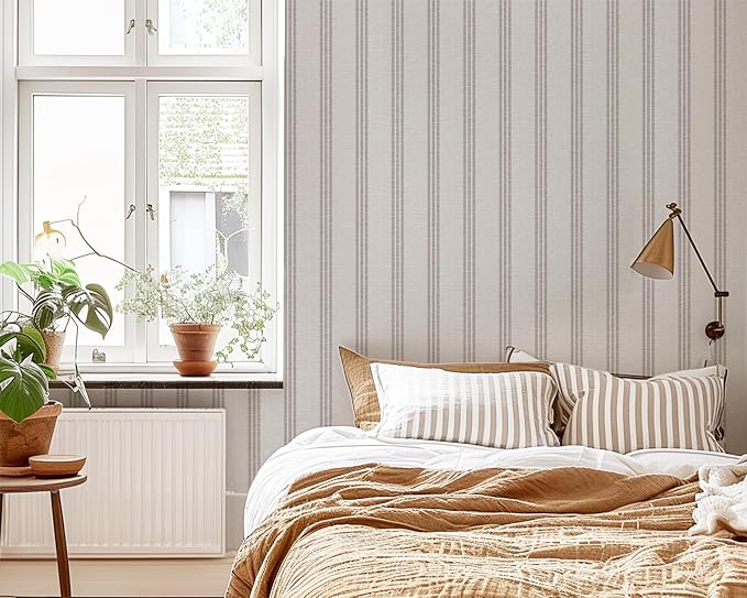 RollsRolla Modern Brown and White Striped Peel and Stick Wallpaper, French - Image 2