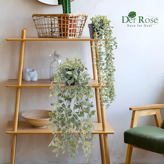 Der Rose 2Pcs Fake Plants Hanging Artificial Decor Faux Potted Eucalyptus and - Image 2