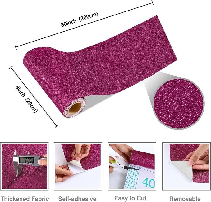 CRE8TIVE Deep Pink Glitter Wallpaper Border Peel and Stick Wall Border Stickers - Image 9