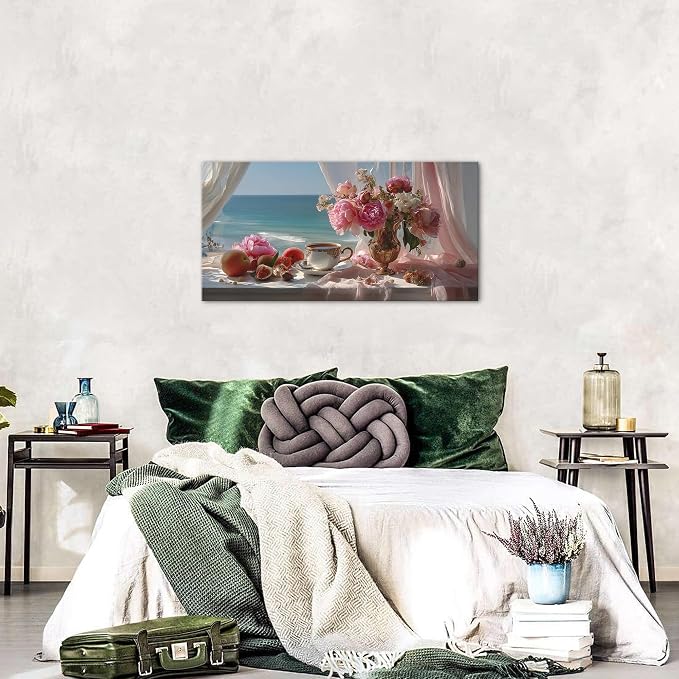Vintage Pink Flower Wall Art Retro Flowers in Golden Vase Pictures Blue Ocean - Image 3