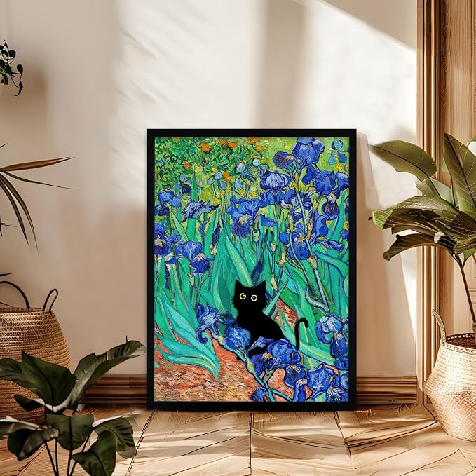 Fantasy Artists Van Gogh Irises Cat Wall Art, Framed Vintage Garden Canvas Wall - Image 5