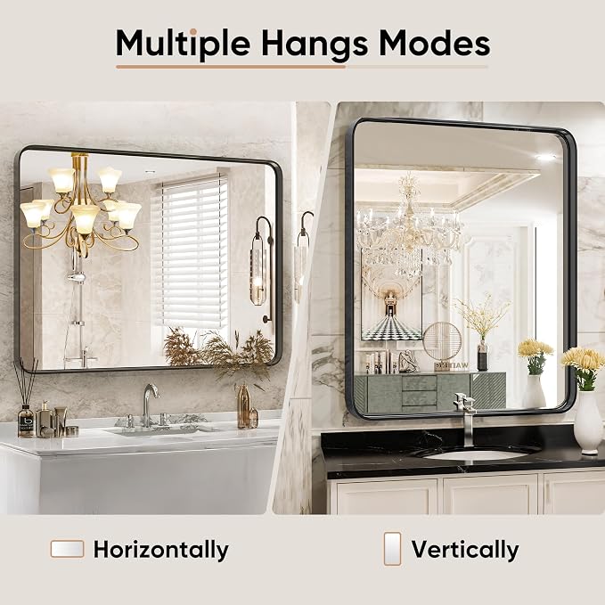 DUMOS Black Metal Framed Vanity Rounded Rectangle Bathroom Mirrors - Image 4
