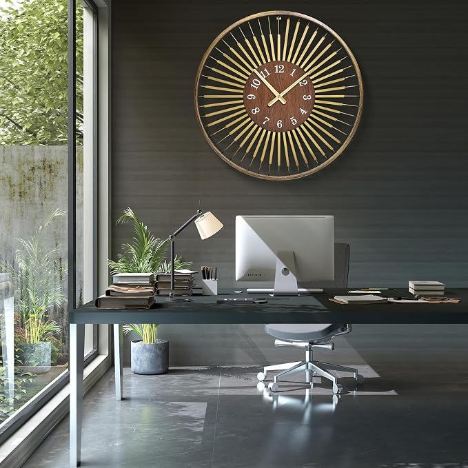 24 Inch Mid-Century Modern Wall Clock, Round Frame Metal Design - Image 3