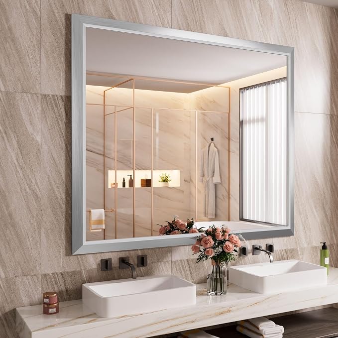 Amorho Bathroom Mirror, 48x40 Inch Silver Thick Metal Framed Wall Mirrors by Amorho