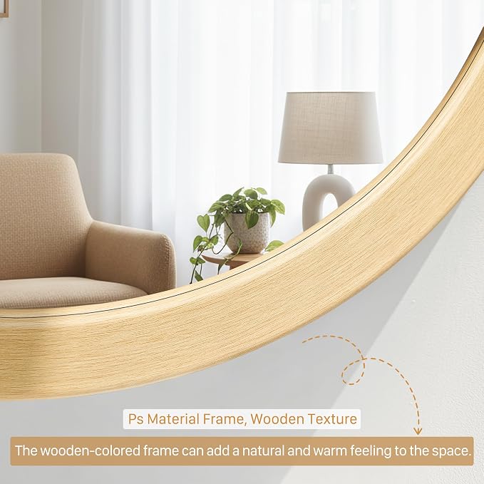 CULER Round Mirrors 24 Inch, Wood Vanity Wall Rustic Mirror, Natural Circle - Image 5