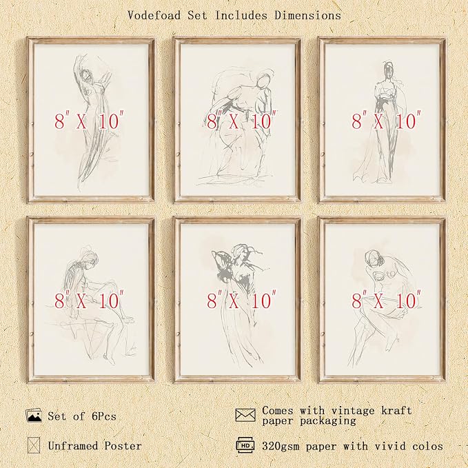 Vodefoad Figure Sketch Art Print Neutral Gallery Wall 6Pcs Set Soft feminine - Image 2