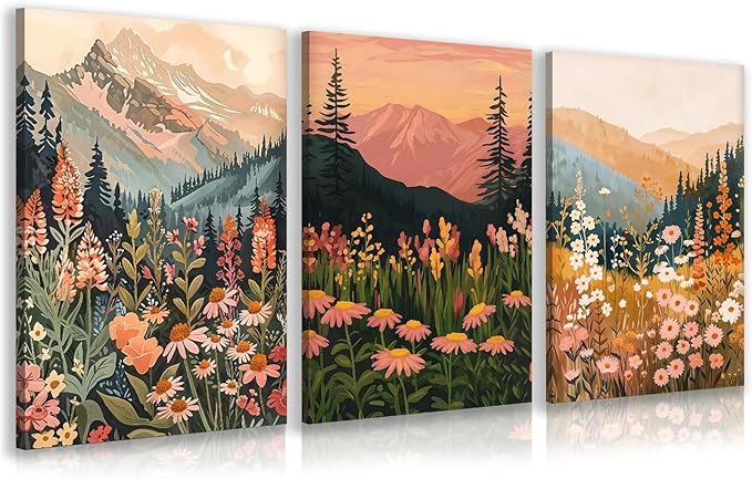 KBKBART Boho Colorful Landscape wall art Set of 3, Wildflower Mountain Wall by KBKBART