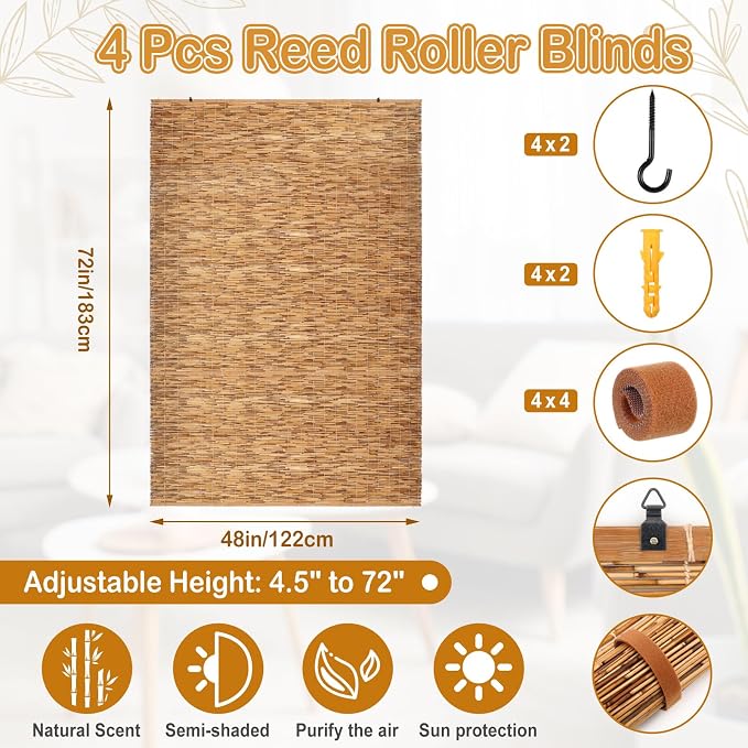 DoubleFill 4 Pcs Bamboo Shades Outdoor Reed Roll Up Blinds 48" W x 72" H - Image 2