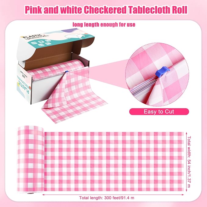 Kochorie 54 Inch x 300 Ft Light Pink Checkered Plastic Table Cloth Roll - Image 2