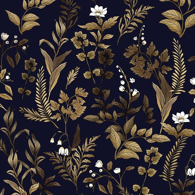 Extra Long Dark Navy Vintage Floral Wallpaper 17.5In x 393In Boho Peelable by VOLEAARWALLPAPER