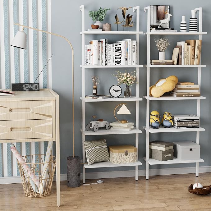aboxoo Ladder Shelf White Wooden Bookshelf 5-Tier Wall-Mounted Open Wood Rack - Image 4
